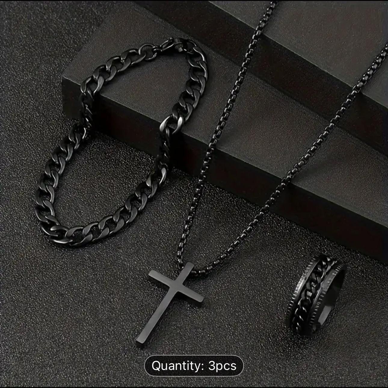 Matte Black Faith Set – Cross Necklace, Chain Bracelet & Ring