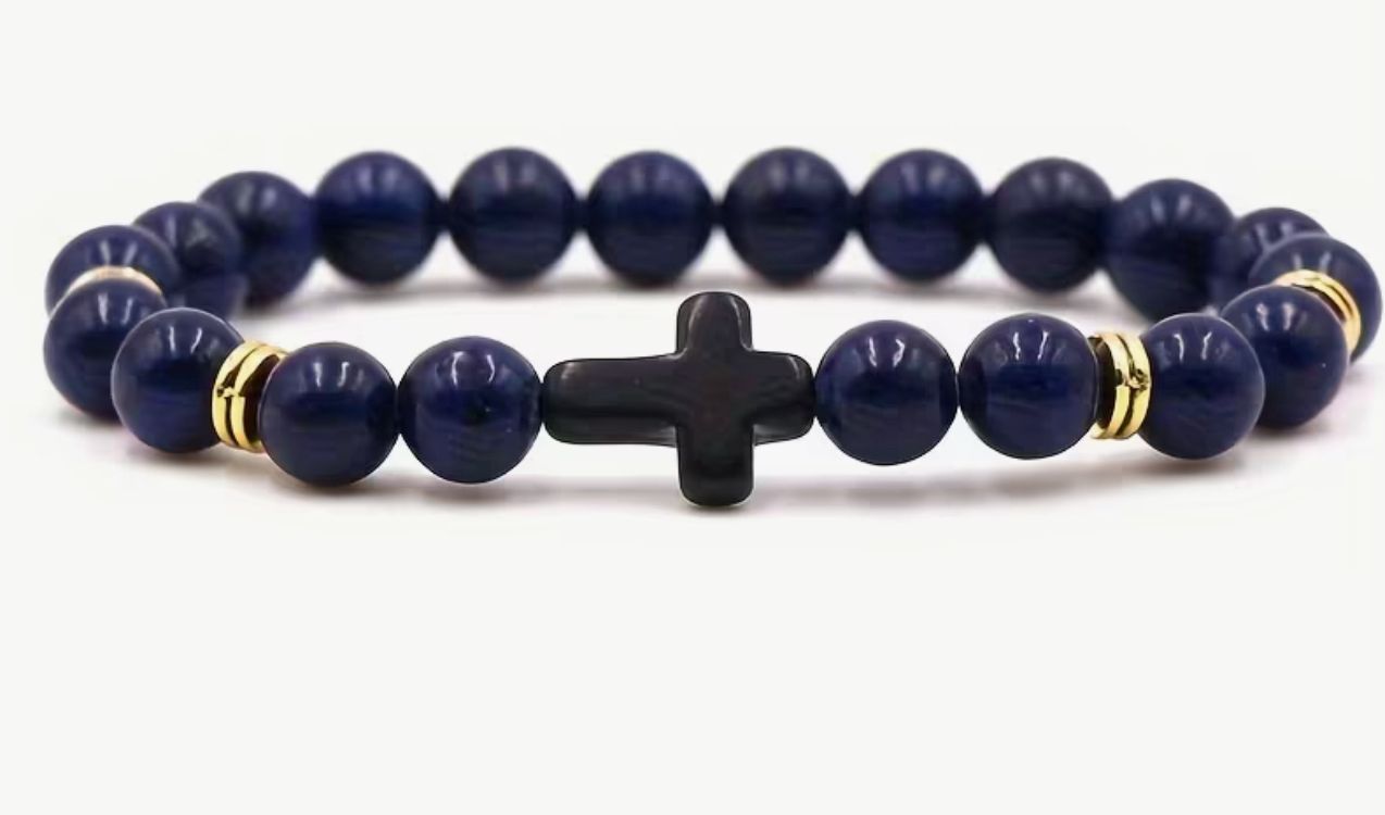 Elegant Navy Blue Beaded Bracelet with Black Cross Charm
