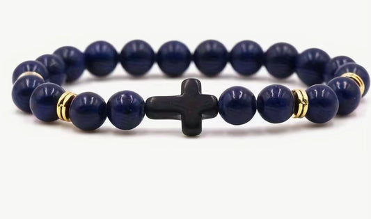 Elegant Navy Blue Beaded Bracelet with Black Cross Charm