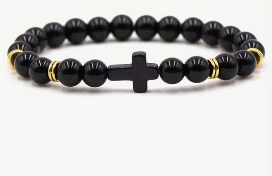 Elegant Black Beaded Bracelet with Black Cross Charm