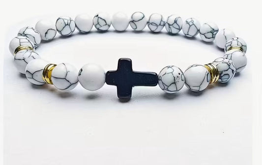 Elegant White Beaded Bracelet with Black Cross Charm
