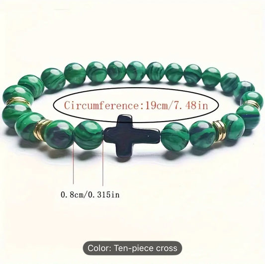 Elegant Green Beaded Bracelet with Black Cross Charm