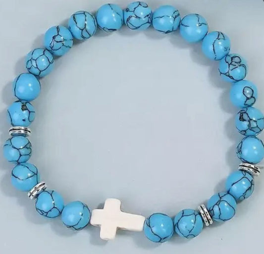 Turquoise Beaded Bracelet with White Cross & Gold Accents