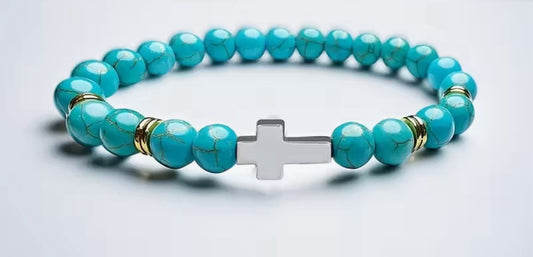 Turquoise Beaded Bracelet with Silver Cross & Gold Accents