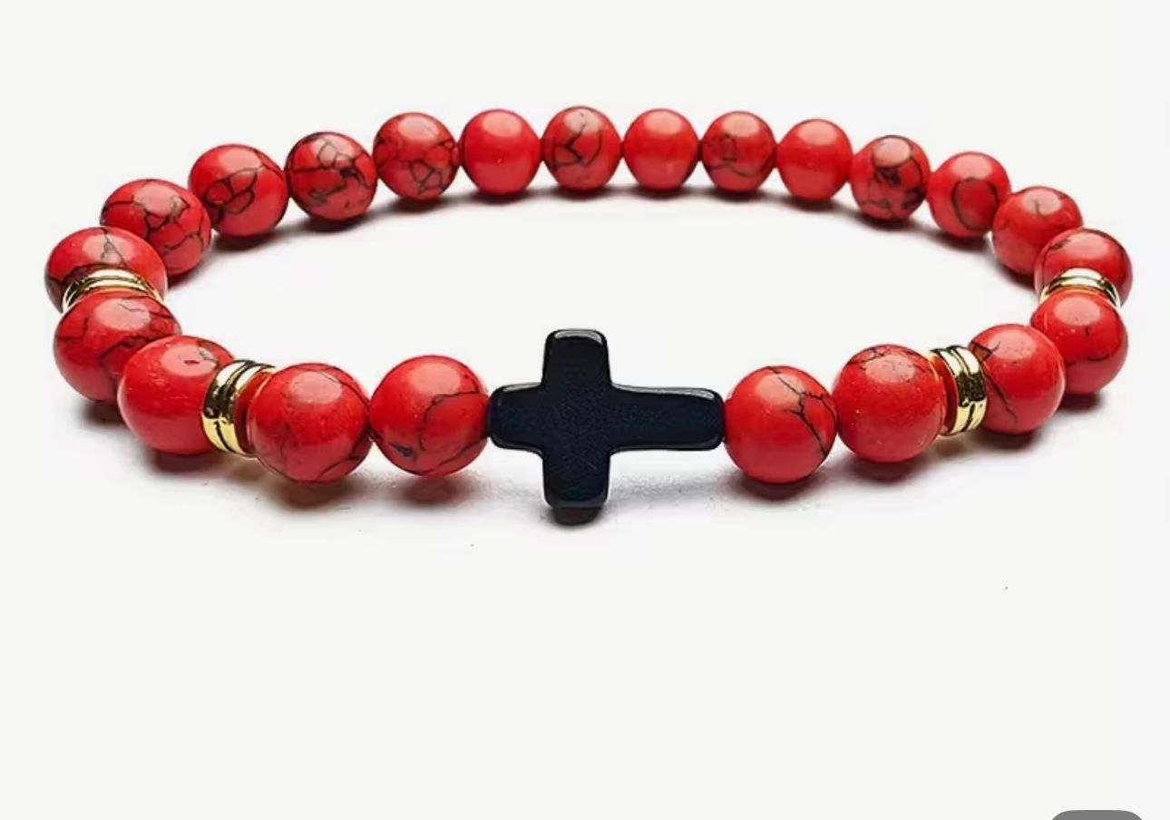 Elegant Red Beaded Bracelet with Black Cross Charm