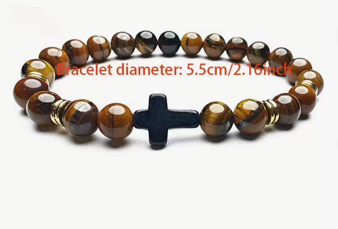 Elegant Wood color Beaded Bracelet with Black Cross Charm