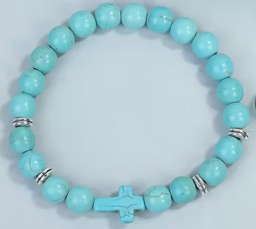 Turquoise Bead Cross Bracelet with Gold Accents (Polished, Unisex)