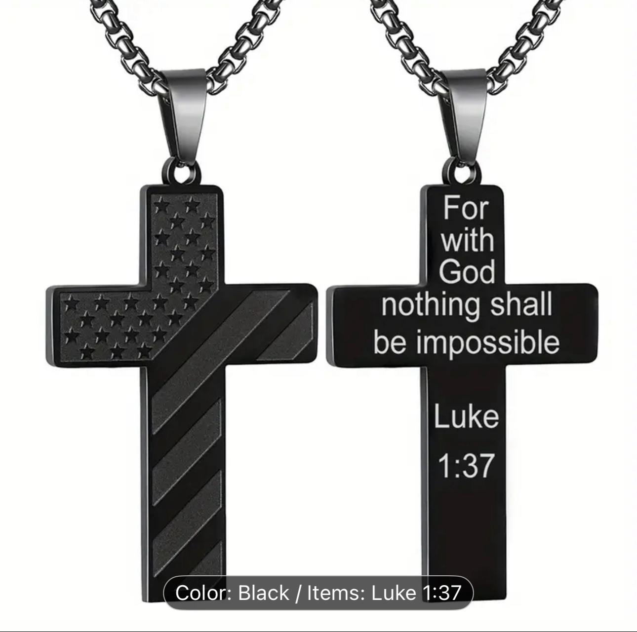 Black Cross Pendant Necklace with Luke 1:37 Scripture – American Flag Design