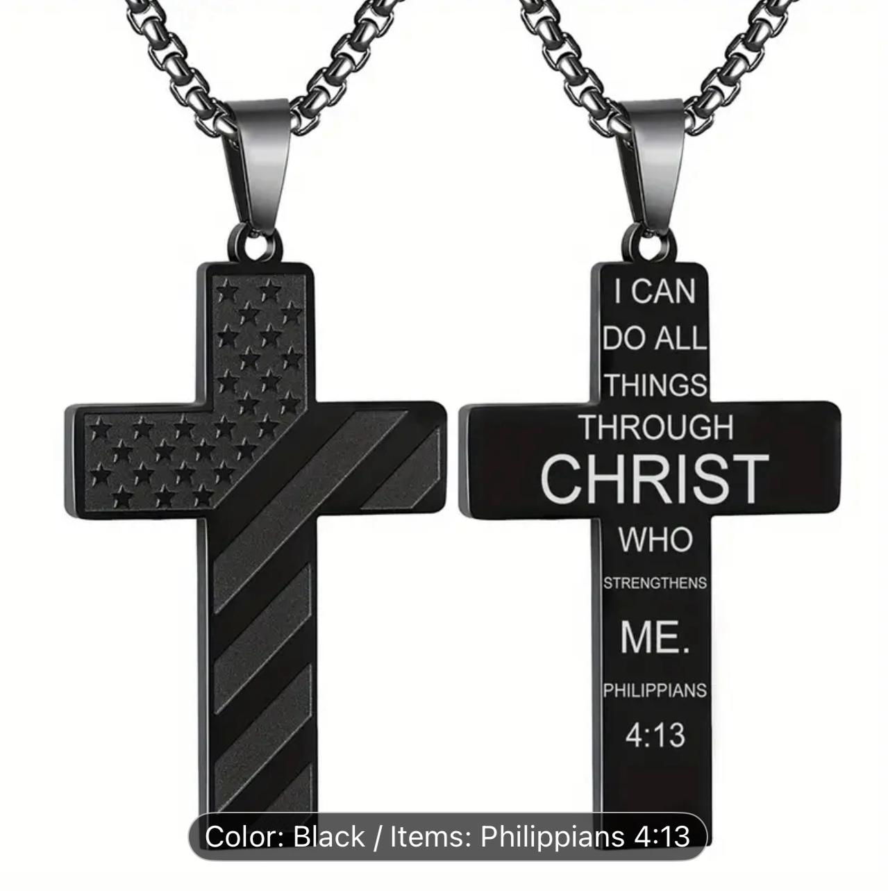 Black Cross Pendant Necklace with Philippians 4:13