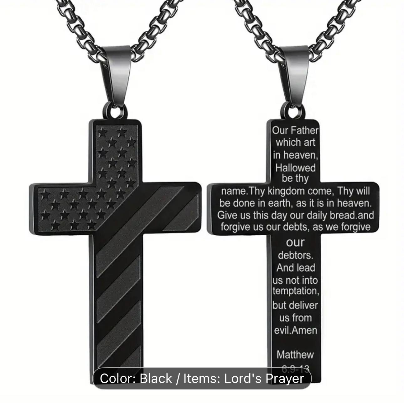 Black Cross Pendant Necklace with Matthew 6:9-13 Scripture – American Flag Design