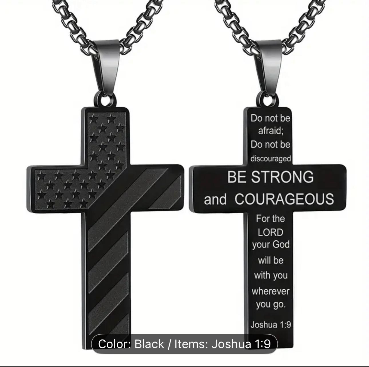 Black Cross Pendant Necklace with Joshua 1:9 Scripture – American Flag Design