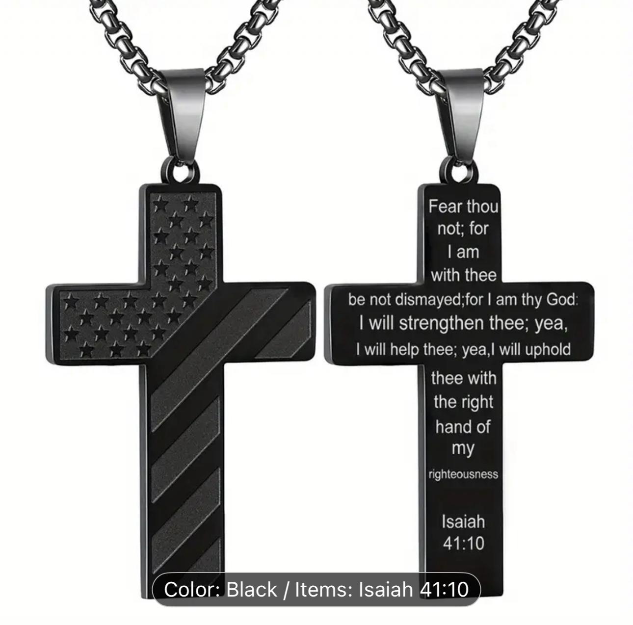 Black Cross Pendant Necklace with Isaiah 41:10 Scripture – American Flag Design