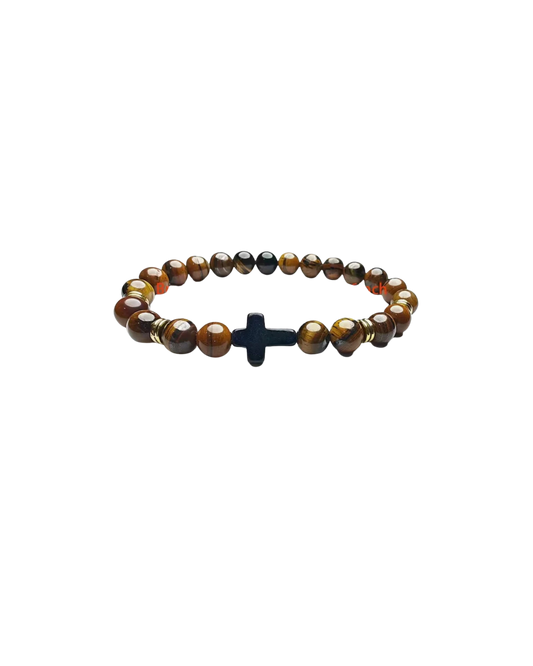 Elegant Wood color Beaded Bracelet with Black Cross Charm