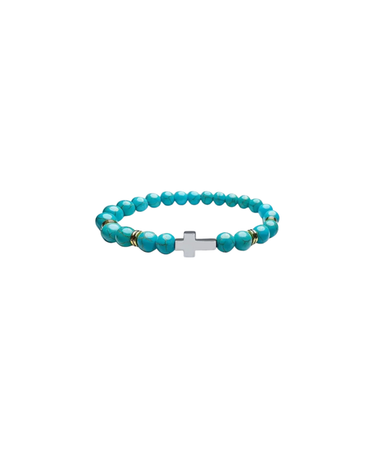 Turquoise Beaded Bracelet with Silver Cross & Gold Accents