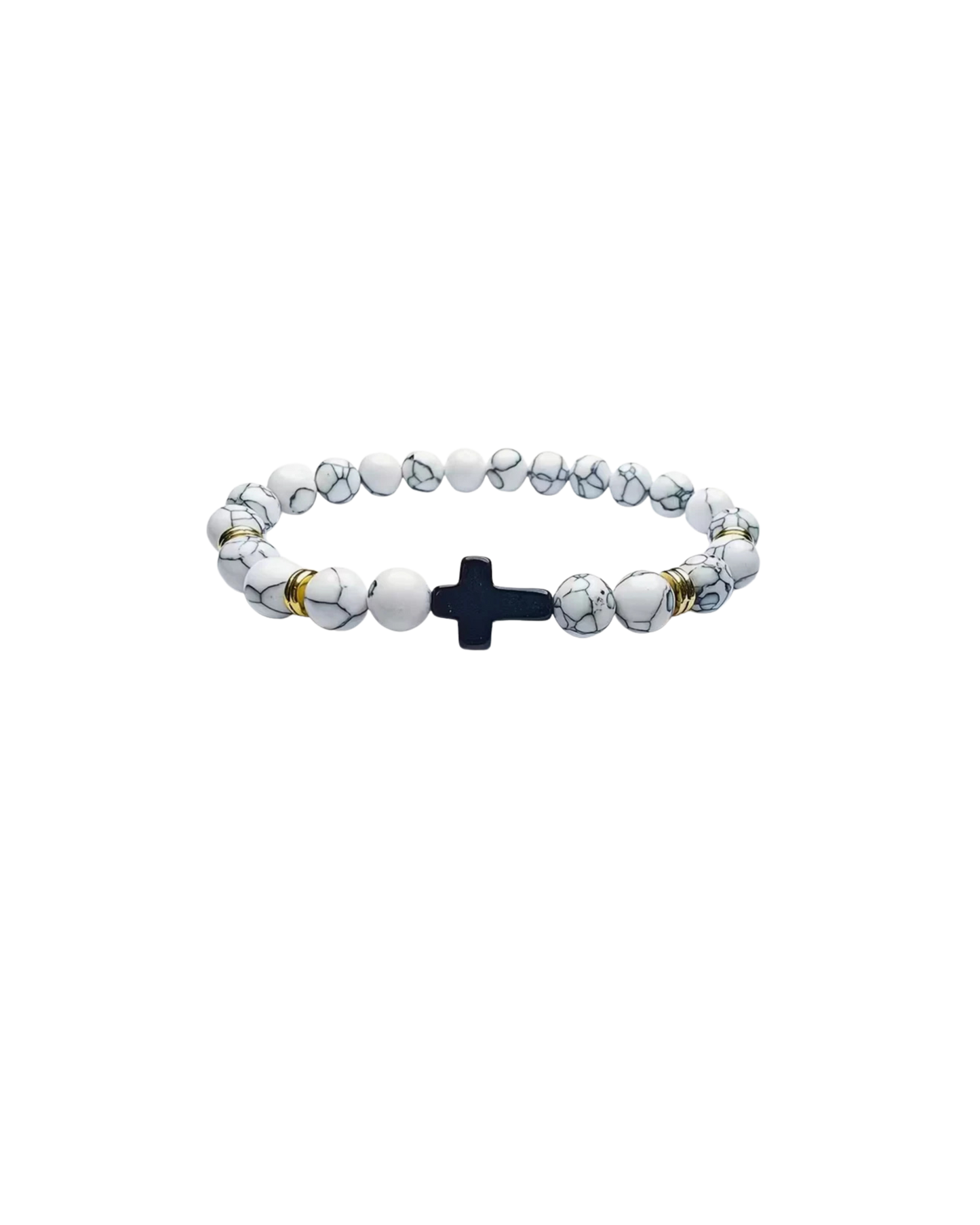 Elegant White Beaded Bracelet with Black Cross Charm