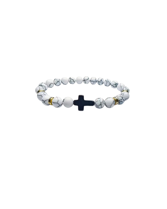 Elegant White Beaded Bracelet with Black Cross Charm