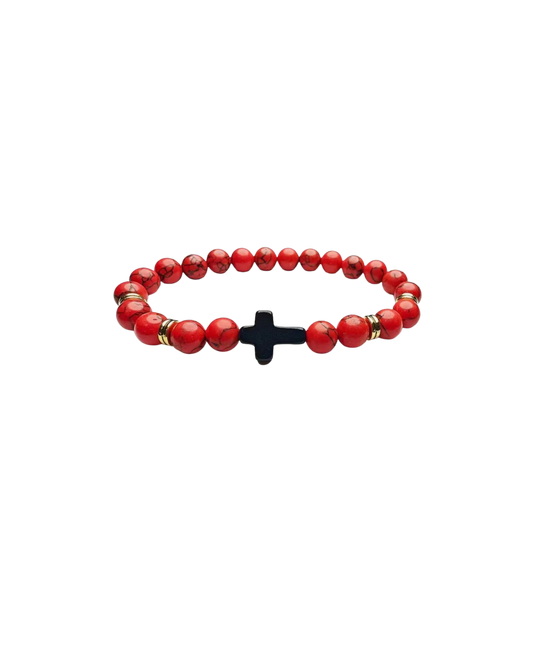 Elegant Red Beaded Bracelet with Black Cross Charm