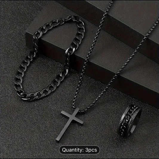 Matte Black Faith Set – Cross Necklace, Chain Bracelet & Ring