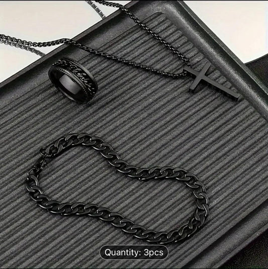 Matte Black Faith Set – Cross Necklace, Chain Bracelet & Ring