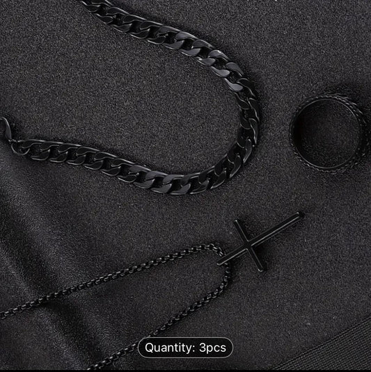Matte Black Faith Set – Cross Necklace, Chain Bracelet & Ring