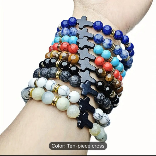 Elegant Black Beaded Bracelet with Black Cross Charm