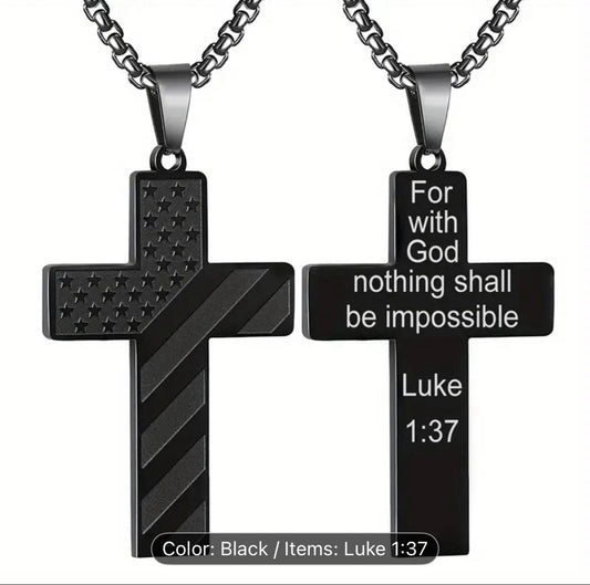 Black Cross Pendant Necklace with Luke 1:37 Scripture – American Flag Design