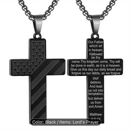 Black Cross Pendant Necklace with Matthew 6:9-13 Scripture – American Flag Design
