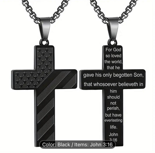 Black Cross Pendant Necklace with John 3:16 Scripture – American Flag Design