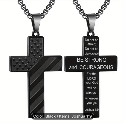 Black Cross Pendant Necklace with Joshua 1:9 Scripture – American Flag Design
