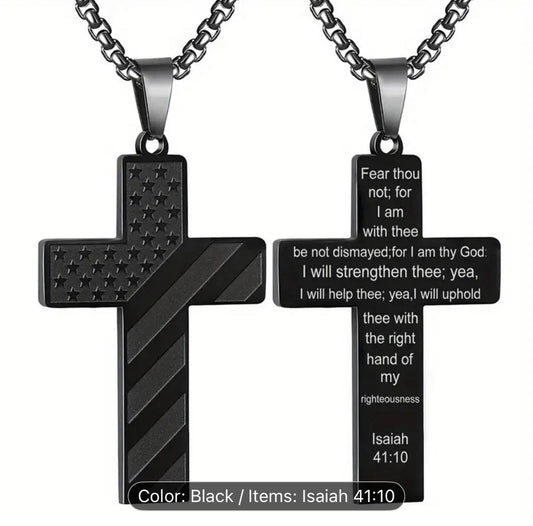 Black Cross Pendant Necklace with Isaiah 41:10 Scripture – American Flag Design